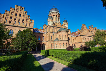 Chernivtsi National University. Metropolitans wing of ex Residence of Bukovinian and Dalmatian ones. Byzantine and Moorish architecture. Postcard style.