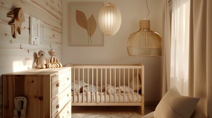 A stylish Scandinavian baby room featuring a crib, dresser, wooden toys