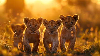 Three cute lion cubs walking through the grass in the wild