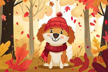 Cute Cartoon Dog in a Fall Autumn Forest Wearing a Hat and Scarf