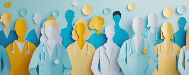 Abstract illustration of the crowd of medical worker cutting from paper. Health care concept.