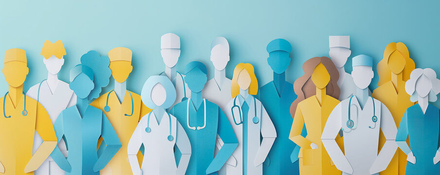 Abstract illustration of the crowd of medical worker cutting from paper. Health care concept.