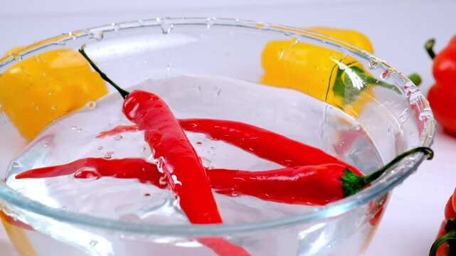 juicy red and yellow peppers in water