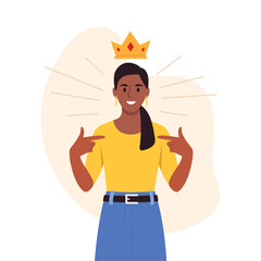 Vector illustration of a happy girl with high self-esteem.Cartoon scene of a smiling girl, confident, loves herself, golden crown above her head and pointing to herself isolated on a white background.