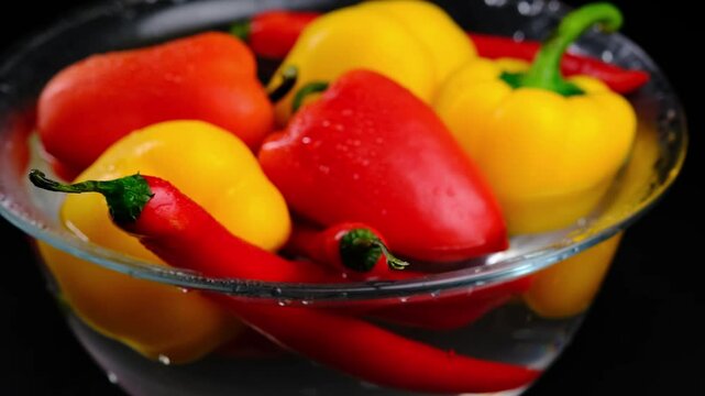 juicy red and yellow peppers in water