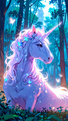 a unicorn with a purple tail stands in front of a full moon.