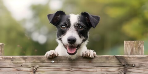 Happy dog leaning on wooden fence with copy space for pet adoption campaigns. Concept Pet Photography, Animal Rescue, Wooden Fence, Copy Space, Pet Adoption Campaigns