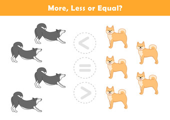 Comparison Worksheet with Cute Cartoon Dog for Kids. Counting Games for Preschoolers. More or Less Worksheet for Kindergarten.