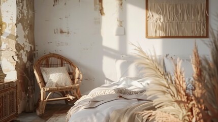 A stylish Scandinavian farmhouse bedroom interior featuring a wall mockup, natural materials, and soft lighting creating a warm and inviting atmosphere