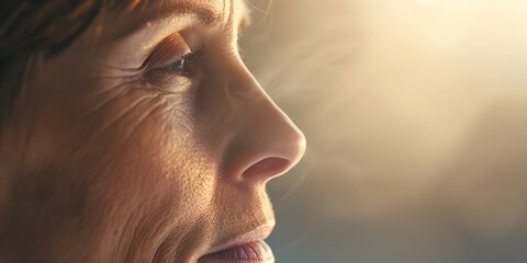 Middleaged womans face glistens with sweat during menopausal hot flash. Concept Menopause, Hot Flash, Sweat, Facial, Middle-aged Woman