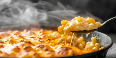 Scooping hot mac and cheese with a spoon from a skillet. Concept Comfort Food, Cooking Skills, Cheesy Goodness, Flavorsome Dish
