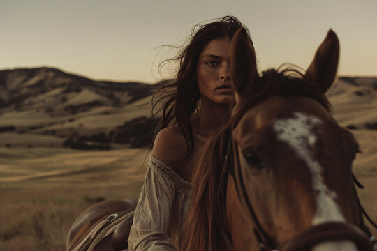 A young woman with flowing dark hair rides a chestnut horse through a serene and expansive rural landscape during sunset, creating a peaceful and timeless scene.