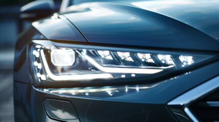 Detailed shot of a car's modern headlight, showcasing its sleek design and bright LEDs in a city environment.