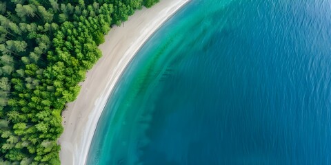 Topdown aerial view of sandy beach and coniferous forest in Norway. Concept Beach, Forest, Aerial View, Norway, Topdown
