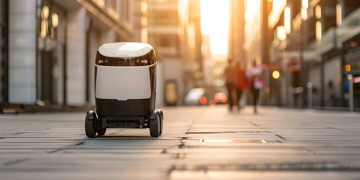 Futuristic driverless delivery robot navigates city streets autonomously for efficient courier services. Concept Technology, Robotics, Autonomous Navigation, Urban Logistics