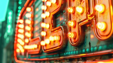 Rusty Vintage Neon Sign With Glowing Bulbs and Textured Surface