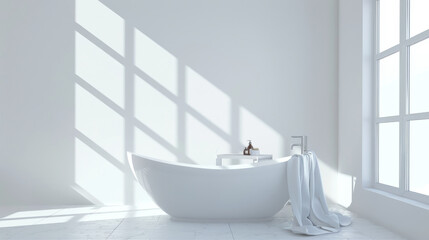 A minimalist bathroom adorned with a modern freestanding tub, large windows streaming in bright light, and a serene, all-white aesthetic.