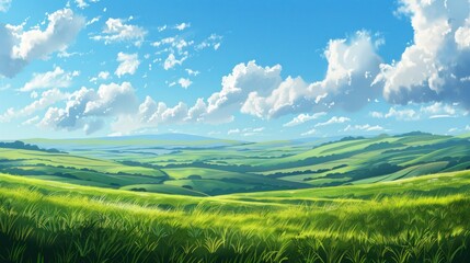 Fototapeta premium Expansive Green Landscape Under a Blue Sky
