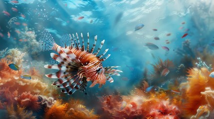 Obraz premium A stunning lionfish swims through vibrant coral reefs in a clear blue ocean, showcasing the beauty and diversity of marine life.