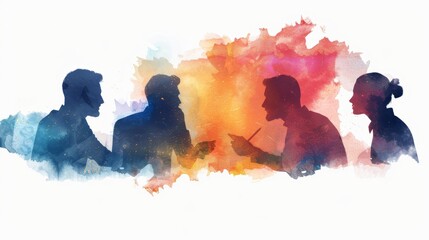 Naklejka premium Silhouettes of four people in a meeting, set against a colorful watercolor background.