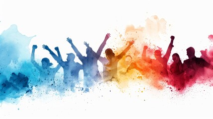 Silhouettes of people celebrating with colorful watercolor splatters in the background.