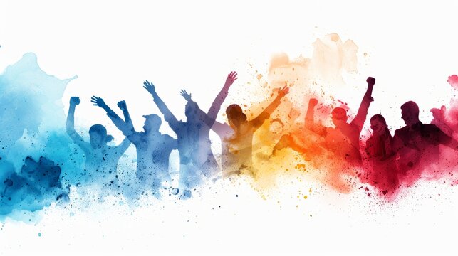 Silhouettes of people celebrating with colorful watercolor splatters in the background.