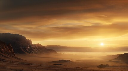 A breathtaking desert landscape at sunset with dramatic cloud formations and distant mountains under a golden sky.