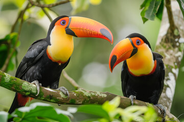 Obraz premium Two Toucans Perched on a Branch in a Lush Tropical Rainforest