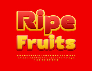 Vector advertising banner Ripe Fruits. Yellow and Red Stylish Font. Modern Alphabet Letters and Numbers set.