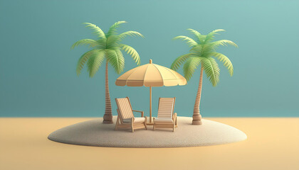 Obraz premium Miniature beach setting with palm trees and relaxation chairs