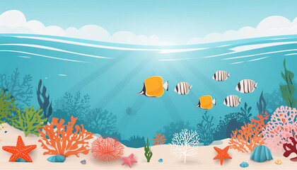 Fototapeta premium Sea life panorama with coral reefs as illustration