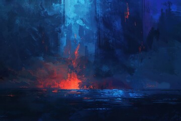 Fototapeta premium Glowing orange fire and blue water in abstract digital painting