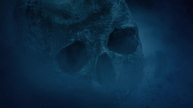 Skull On The Ground In Misty Landscape
