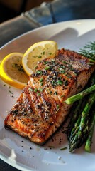 Grilled Salmon with Asparagus And Lemon Slices on White Plate
