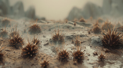 Desert landscape with scattered shrubs and rocky terrain under a clear sky, evoking a sense of desolation and raw natural beauty.