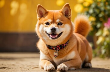 Happy shiba inu dog lying on ground
