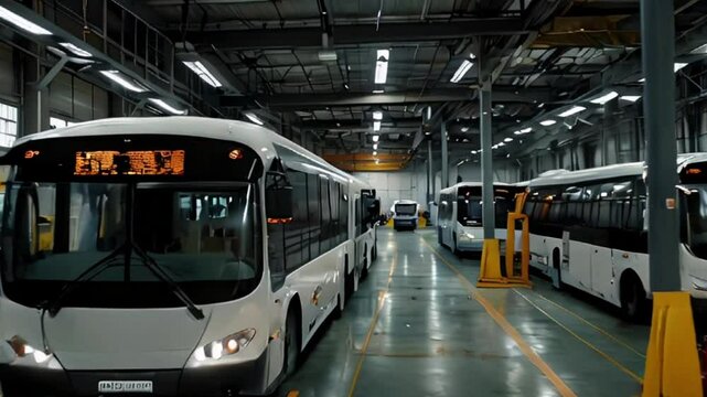Row of White Buses Parked in a Garage