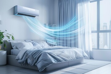 Minimalistic modern bright bedroom with air conditioning. A white air conditioner with a cool and fresh blue breeze blowing through the bedroom, creating an atmosphere full of freshness