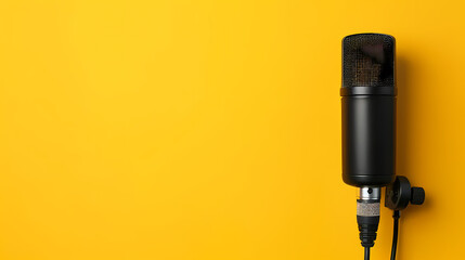 Professional black microphone against vibrant yellow background, perfect for music and podcast themes.