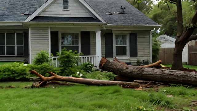 Fallen Tree Trunk in Front of a House After a Storm