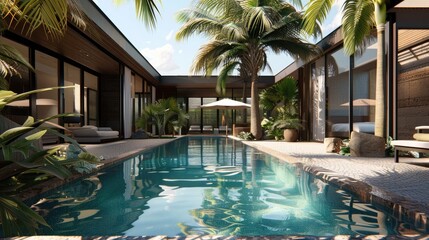 New modern cottage house with palm trees and a swimming pool in a warm paradise tropical