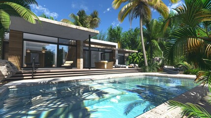 Fototapeta premium New modern cottage house with palm trees and a swimming pool in a warm paradise tropical