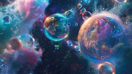 Fototapeta premium Colorful alien planet in space with soap bubbles observed up close