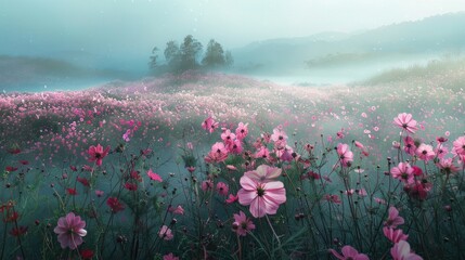 Obraz premium Cosmos Field Blooms in Winter Attracts Visitors and Couples