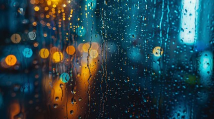 Rain on window with colorful city lights blurred in bokeh, capturing the essence of a rainy urban night.