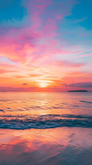 Naklejka premium Sunset beach scene with dramatic orange, pink, and purple hues in serene coastal paradise, perfect for travel and relaxation.