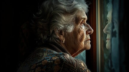 A poignant scene of an old lady looking out of a window, captured from the rear, soft lighting creating a reflective and contemplative atmosphere