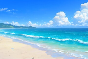 A detailed beach scene with waves crashing against the shore under a clear sky