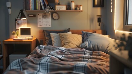 A practical scene of a bed in a student room on campus, featuring simple decor and functional furniture, soft lighting creating a warm and inviting atmosphere