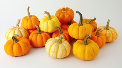 Vibrant mini pumpkins on a white backdrop autumn theme for Halloween or Thanksgiving